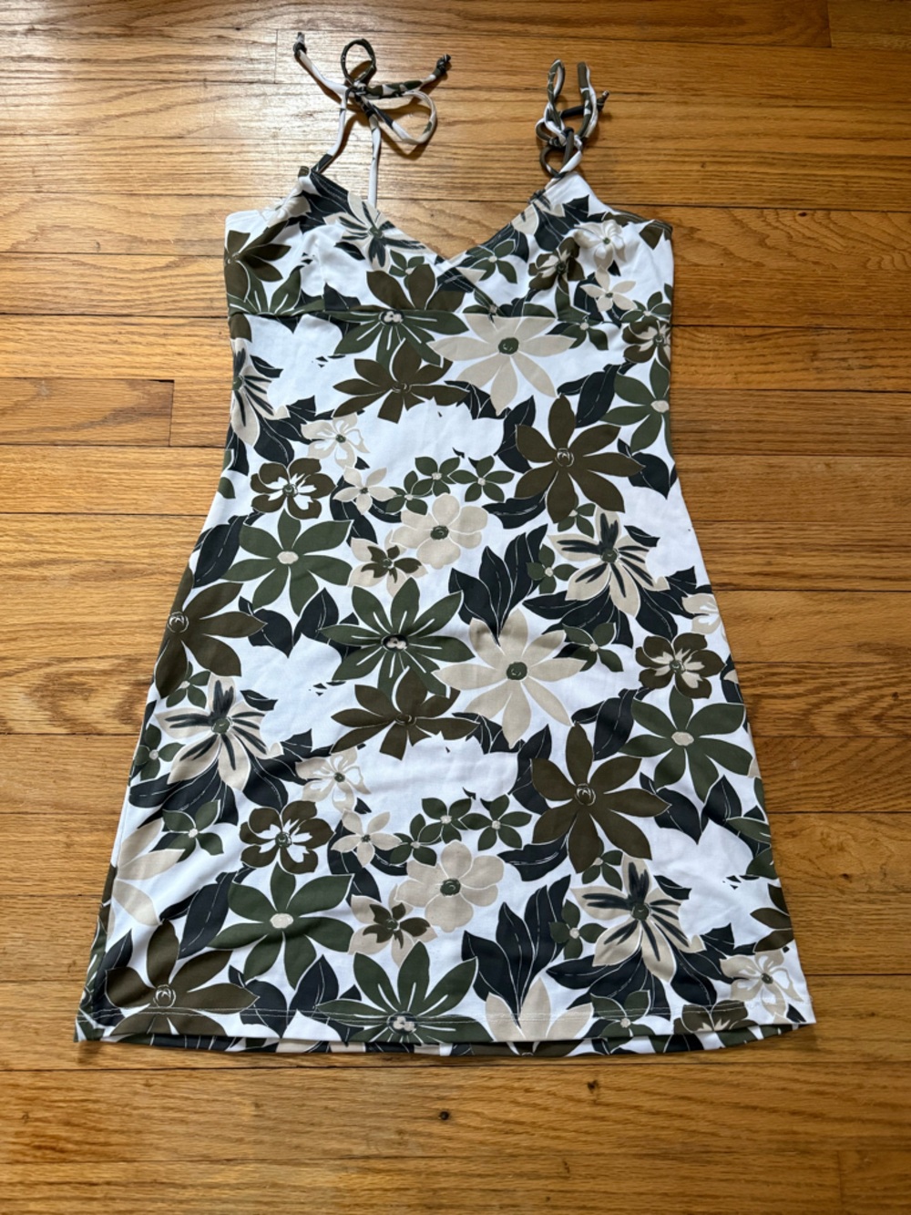 Tie-Shoulder Mini Slip Dress in Olive & Cream Floral